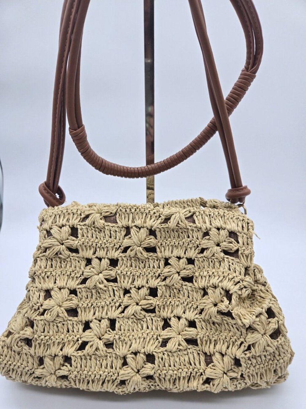 SAM EDELMAN Shoulder Bag Layla 3-Compartment Floral Raffia Natural Leather Trim - Picture 2 of 10